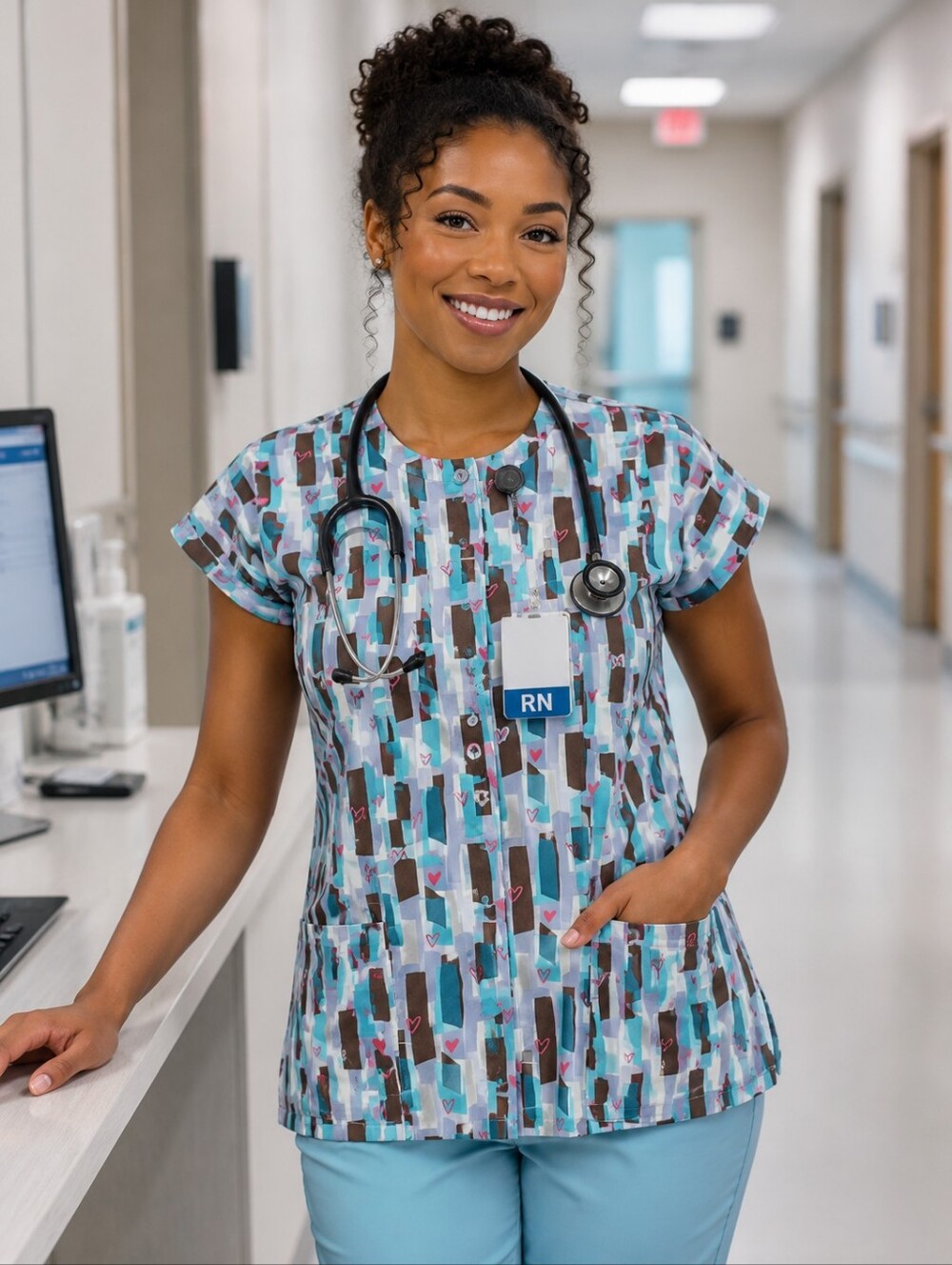 WS Gear Women's Teal Multi-Pattern Medical Scrub Top - Short Sleeve